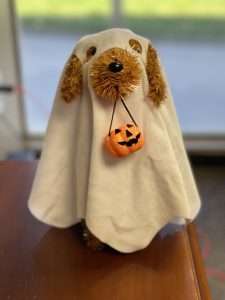 Dog in ghost costume with pumpkin trick or treat bag